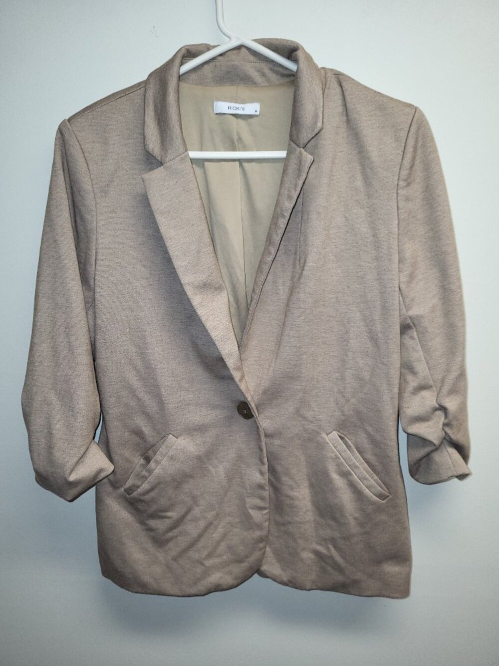 Ricki's Taupe Beige Open Front Blazer Ruched Sleeves Size M